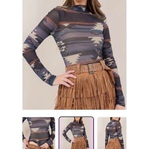 Nylon Apparel Women's New Large‎ Geo Print Mock Neck Mesh Long Sleeve Bodysuit